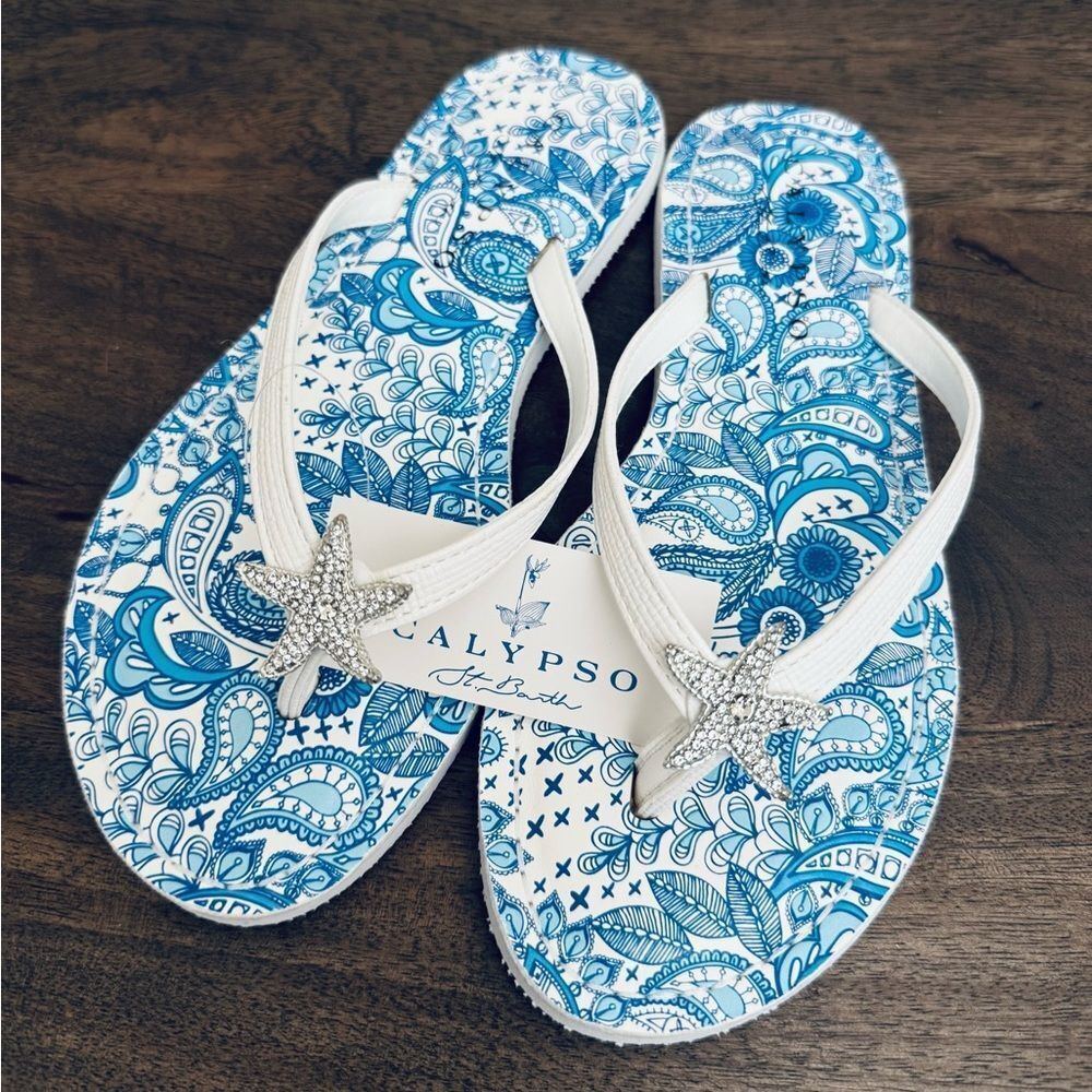 Calypso St. Barth Silver Crystal Starfish White Flip Flops Sandals
